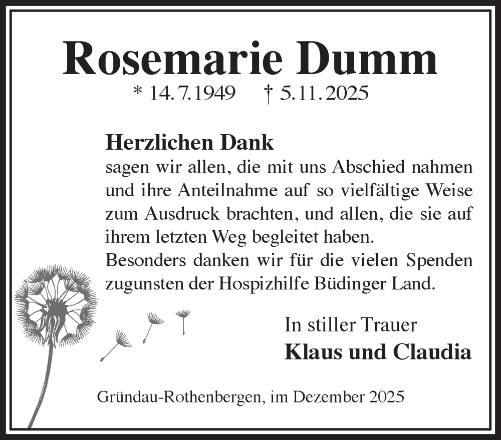  Traueranzeige für Rosemarie Dumm vom 06.12.2025 aus Gelnhäuser Neue Zeitung