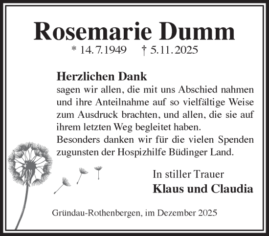 Traueranzeige von Rosemarie Dumm von Gelnhäuser Neue Zeitung