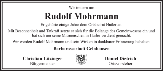 Traueranzeige von Rudolf Mohrmann von Gelnhäuser Neue Zeitung