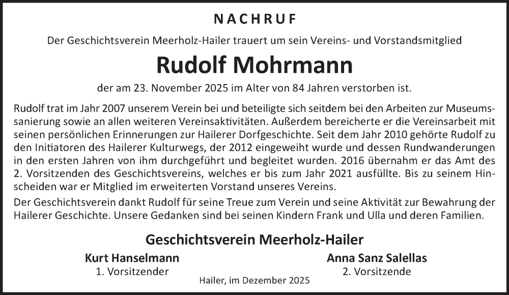  Traueranzeige für Rudolf Mohrmann vom 20.12.2025 aus Gelnhäuser Neue Zeitung
