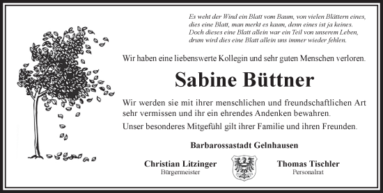 Traueranzeige von Sabine Büttner von Gelnhäuser Neue Zeitung