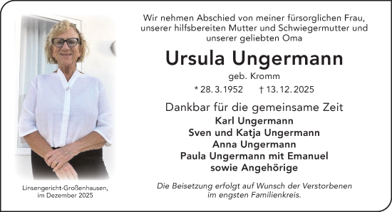 Traueranzeige von Ursula Ungermann von Gelnhäuser Neue Zeitung