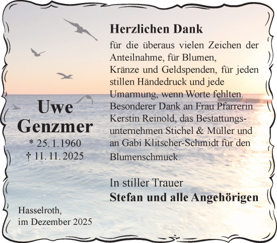 Traueranzeige von Uwe Genzmer von Gelnhäuser Neue Zeitung