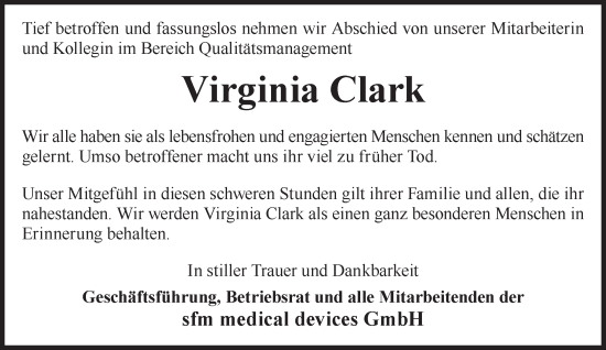 Traueranzeige von Virginia Clark von Mittelhessen-Bote