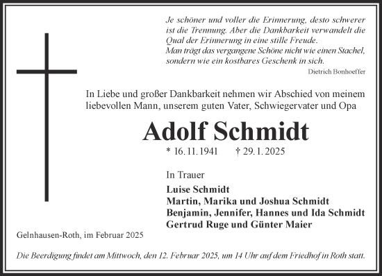 Traueranzeige von Adolf Schmidt von Gelnhäuser Neue Zeitung