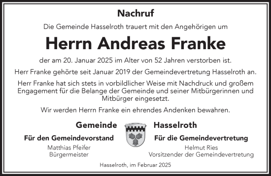 Traueranzeige von Andreas Franke von Gelnhäuser Neue Zeitung