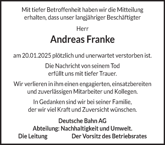 Traueranzeige von Andreas Franke von Gelnhäuser Neue Zeitung