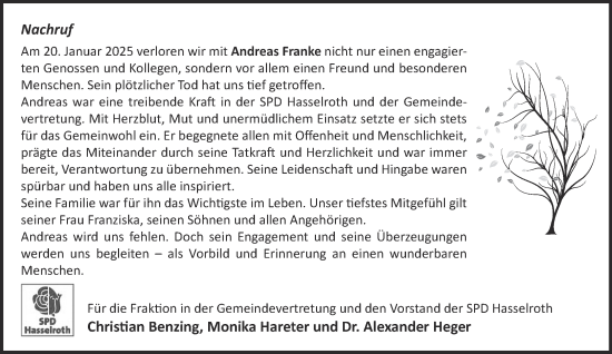 Traueranzeige von Andreas Franke von Gelnhäuser Neue Zeitung