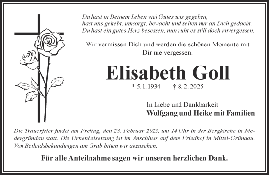 Traueranzeige von Elisabeth Goll von Gelnhäuser Neue Zeitung