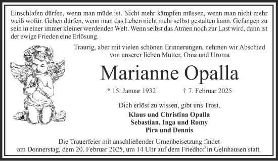 Traueranzeige von Marianne Opalla von Gelnhäuser Neue Zeitung