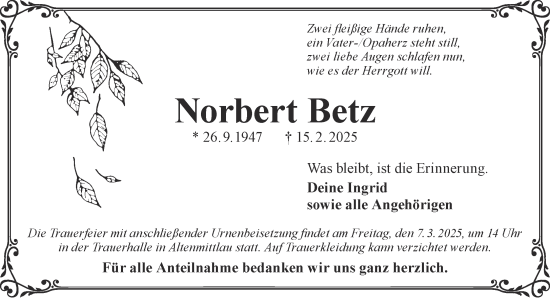 Traueranzeige von Norbert Betz von Gelnhäuser Neue Zeitung