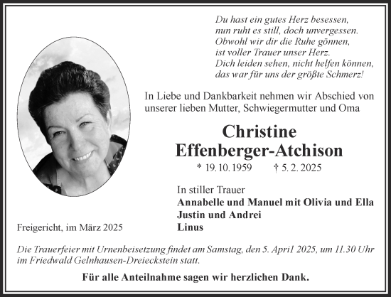Traueranzeige von Christine Effenberger-Atchison von Gelnhäuser Neue Zeitung