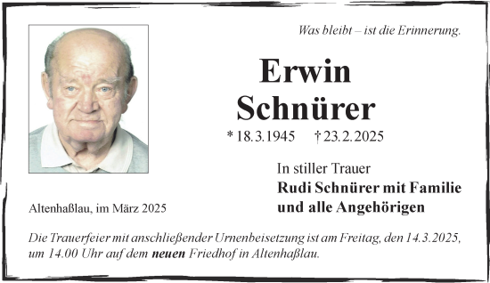 Traueranzeige von Erwin Schnürer von Mittelhessen-Bote