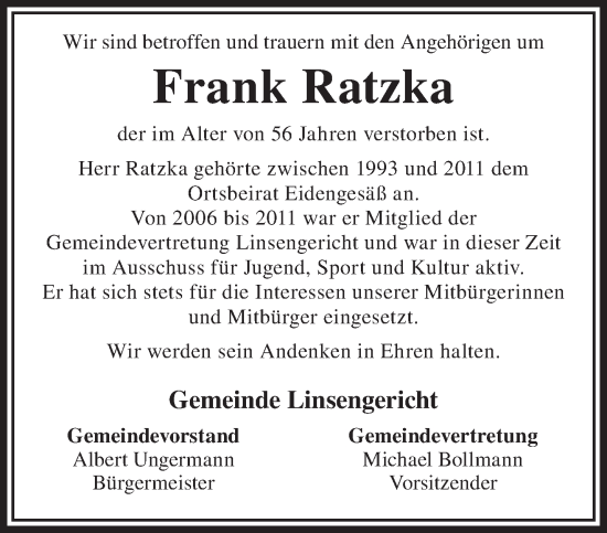 Traueranzeige von Frank Ratzka von Mittelhessen-Bote