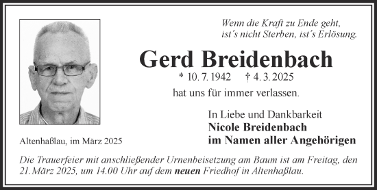 Traueranzeige von Gerd Breidenbach von Gelnhäuser Neue Zeitung