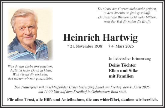 Traueranzeige von Heinrich Hartwig von Gelnhäuser Neue Zeitung