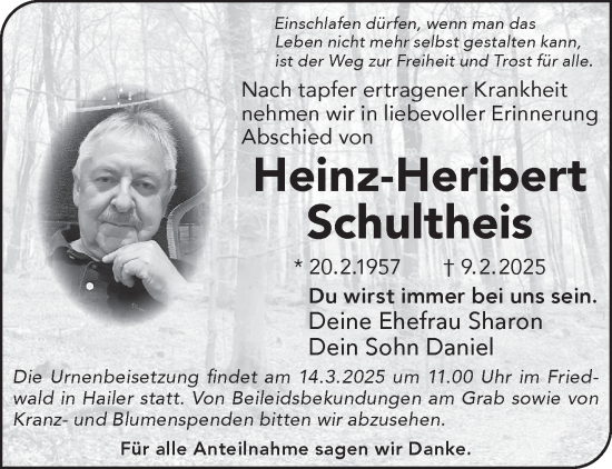 Traueranzeige von Heinz-Heribert Schultheis von Gelnhäuser Neue Zeitung