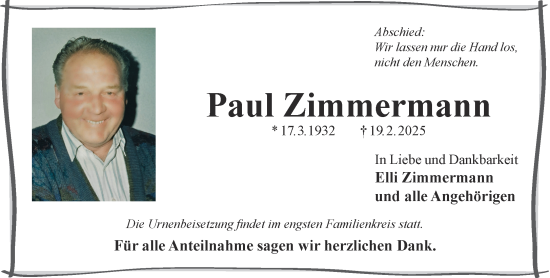 Traueranzeige von Paul Zimmermann von Gelnhäuser Neue Zeitung