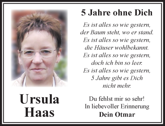 Traueranzeige von Ursula Haas von Gelnhäuser Neue Zeitung