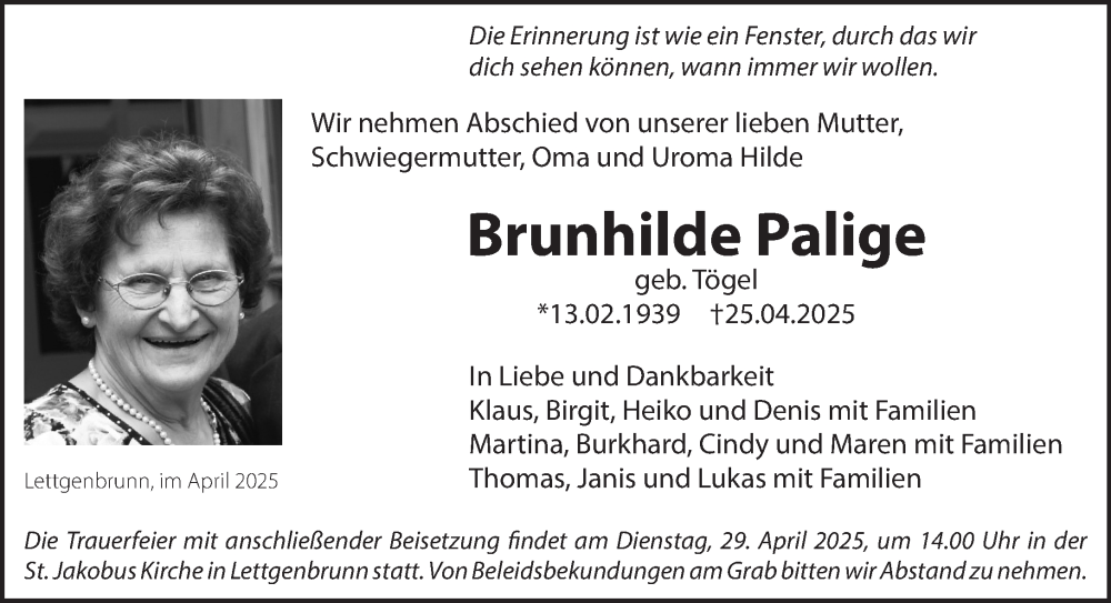  Traueranzeige für Brunhilde Palige vom 26.04.2025 aus Gelnhäuser Neue Zeitung