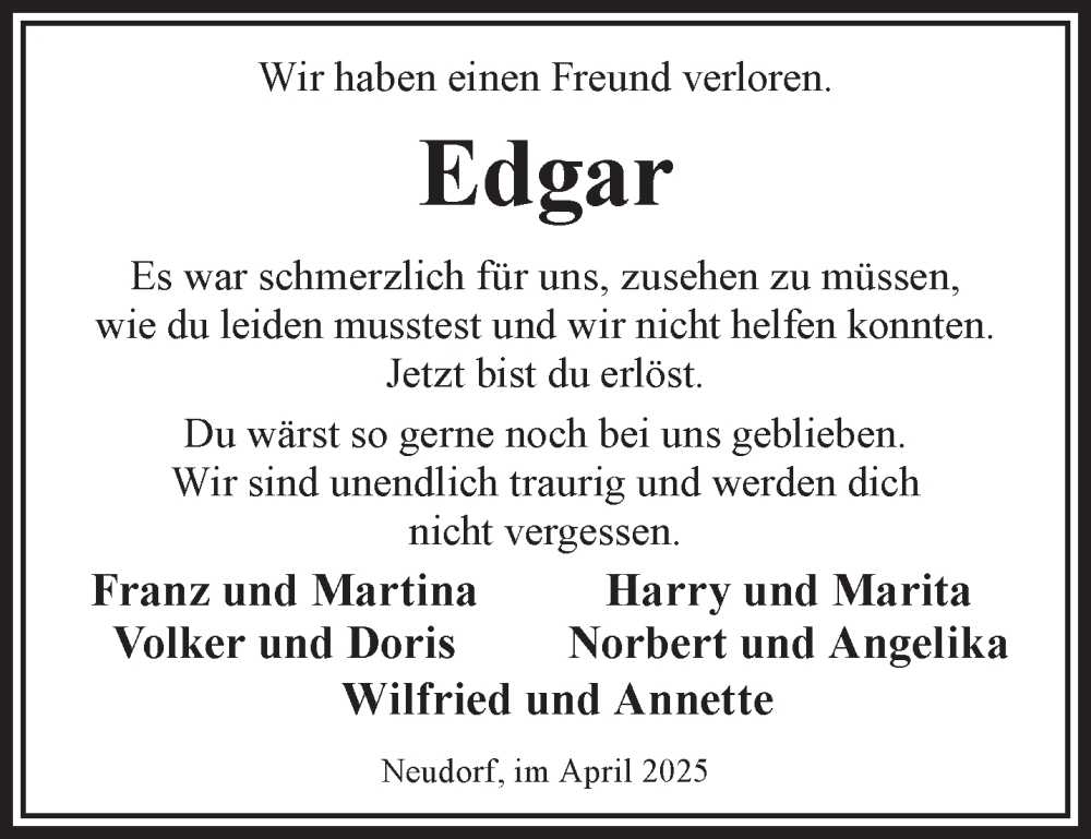  Traueranzeige für Edgar  vom 19.04.2025 aus Mittelhessen-Bote