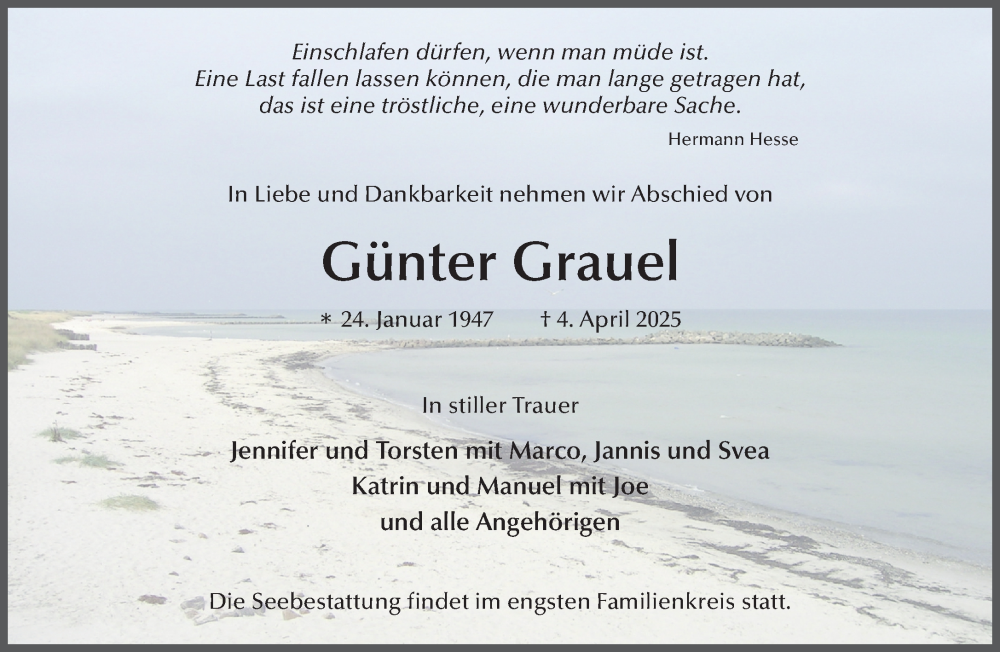  Traueranzeige für Günter Grauel vom 19.04.2025 aus Mittelhessen-Bote