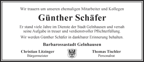 Traueranzeige von Günther Schäfer von Mittelhessen-Bote