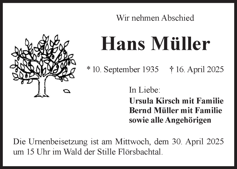  Traueranzeige für Hans Müller vom 26.04.2025 aus Gelnhäuser Neue Zeitung