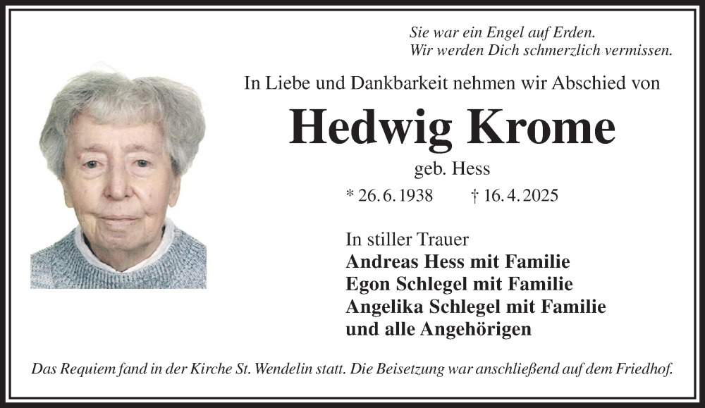  Traueranzeige für Hedwig Krome vom 26.04.2025 aus Mittelhessen-Bote