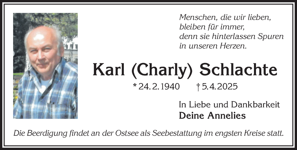  Traueranzeige für Karl Schlachte vom 19.04.2025 aus Gelnhäuser Neue Zeitung