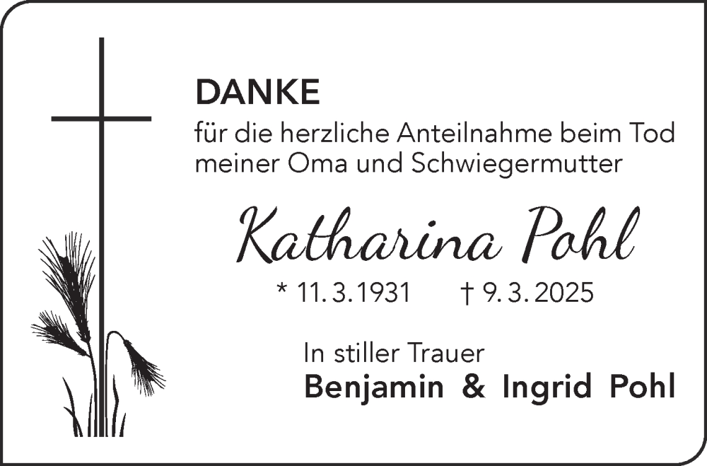  Traueranzeige für Katharina Pohl vom 19.04.2025 aus Gelnhäuser Neue Zeitung