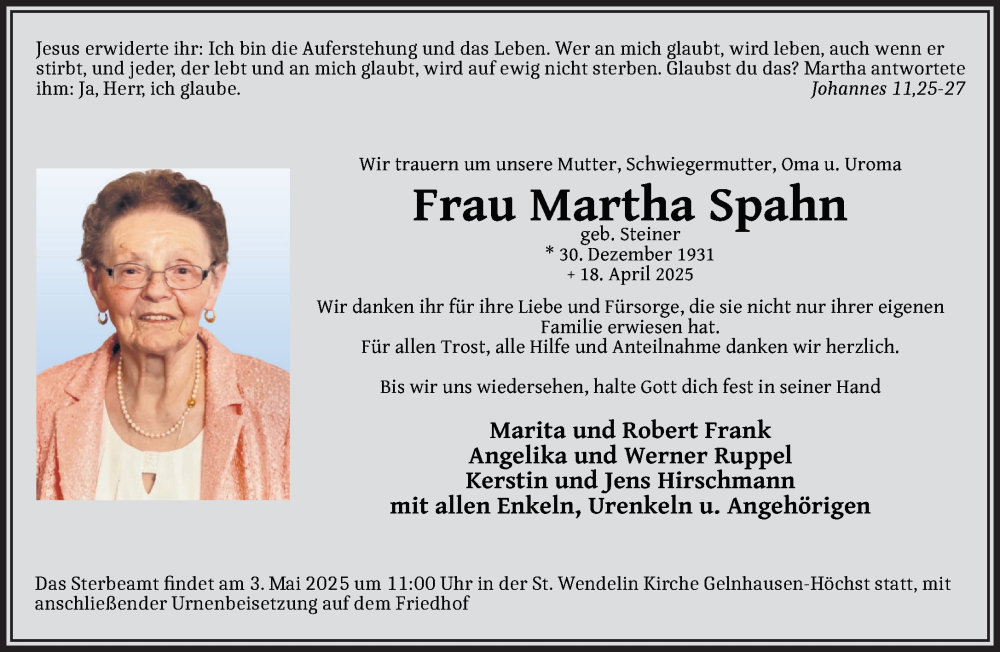  Traueranzeige für Martha Spahn vom 26.04.2025 aus Gelnhäuser Neue Zeitung