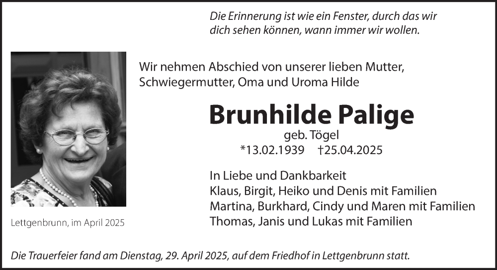  Traueranzeige für Brunhilde Palige vom 03.05.2025 aus Mittelhessen-Bote