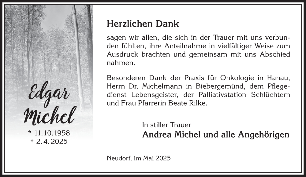  Traueranzeige für Edgar Michel vom 17.05.2025 aus Gelnhäuser Neue Zeitung