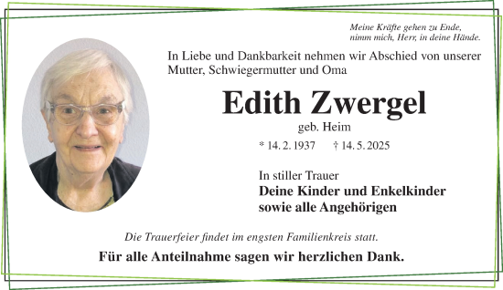 Traueranzeige von Edith Zwergel von Gelnhäuser Neue Zeitung