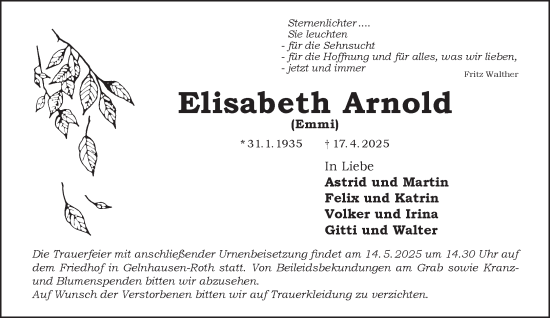 Traueranzeige von Elisabeth Arnold von Gelnhäuser Neue Zeitung