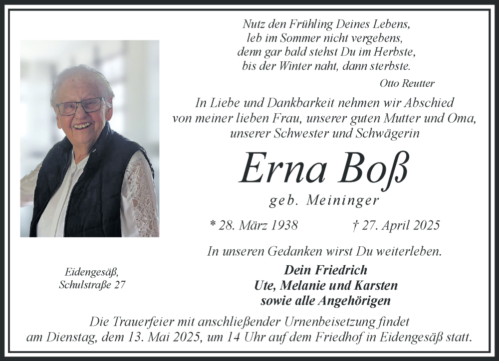  Traueranzeige für Erna Boß vom 03.05.2025 aus Gelnhäuser Neue Zeitung