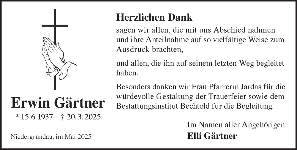  Traueranzeige für Erwin Gärtner vom 10.05.2025 aus Gelnhäuser Neue Zeitung