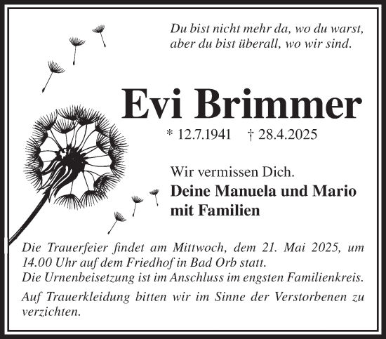 Traueranzeige von Evi Brimmer von Gelnhäuser Neue Zeitung