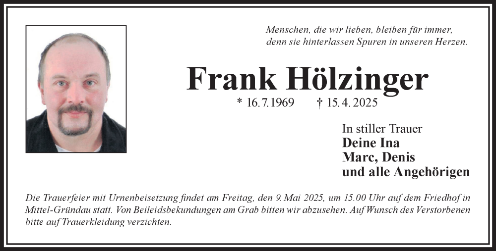  Traueranzeige für Frank Hölzinger vom 03.05.2025 aus Gelnhäuser Neue Zeitung