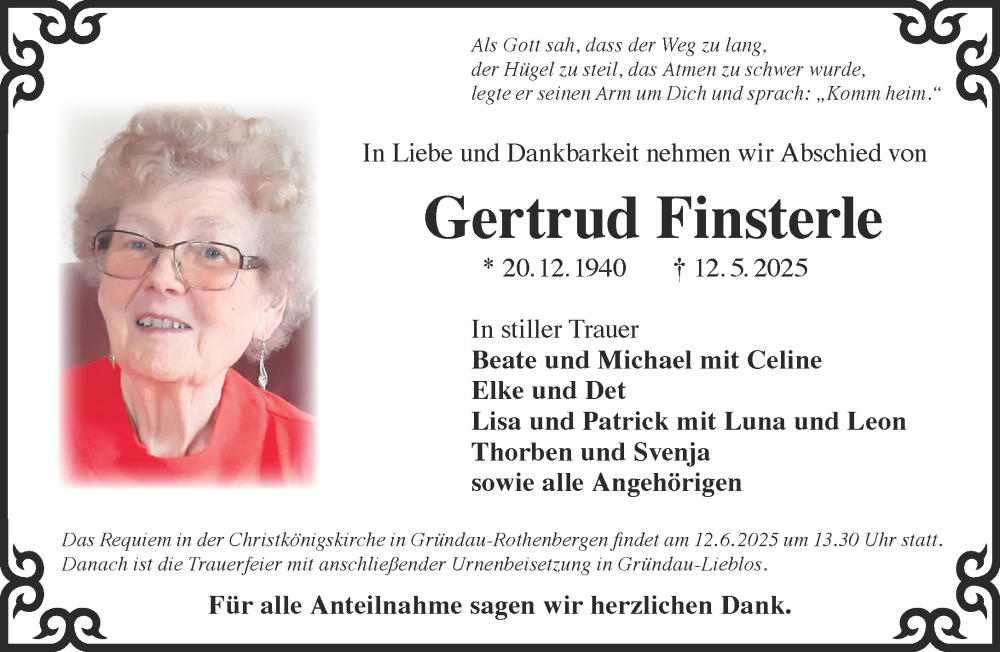  Traueranzeige für Gertrud Finsterle vom 31.05.2025 aus Gelnhäuser Neue Zeitung