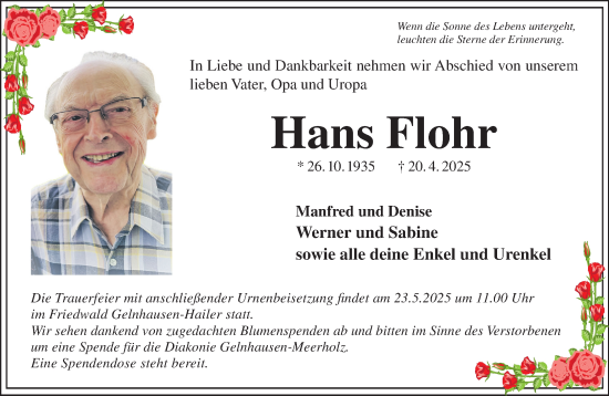Traueranzeige von Hans Flohr von Gelnhäuser Neue Zeitung