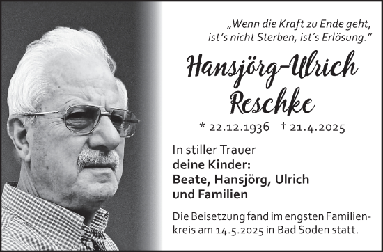 Traueranzeige von Hansjörg-Ulrich Reschke von Gelnhäuser Neue Zeitung