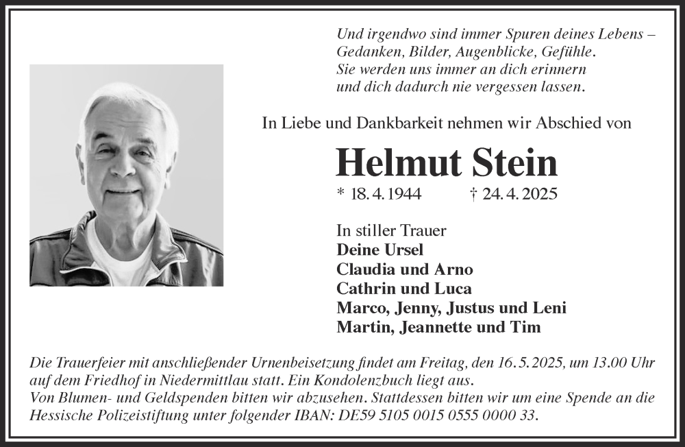  Traueranzeige für Helmut Stein vom 10.05.2025 aus Mittelhessen-Bote