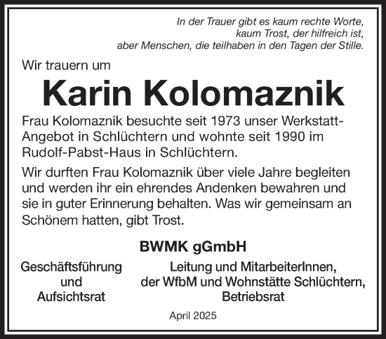 Traueranzeige von Karin Kolomaznik von Mittelhessen-Bote