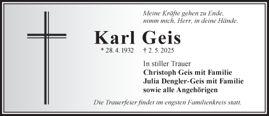 Traueranzeige von Karl Geis von Gelnhäuser Neue Zeitung