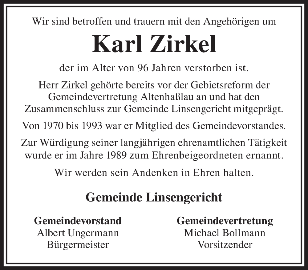  Traueranzeige für Karl Zirkel vom 24.05.2025 aus Gelnhäuser Neue Zeitung