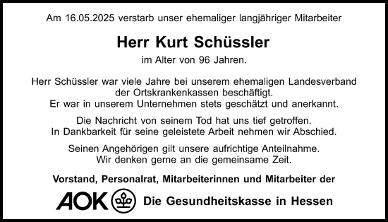 Traueranzeige von Kurt Schüssler von Gelnhäuser Neue Zeitung