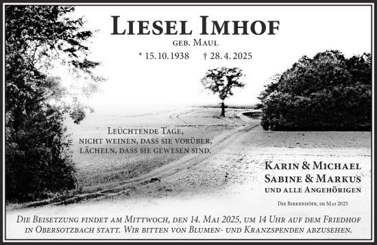 Traueranzeige von Liesel Imhof von Gelnhäuser Neue Zeitung