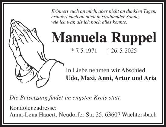 Traueranzeige von Manuela Ruppel von Gelnhäuser Neue Zeitung